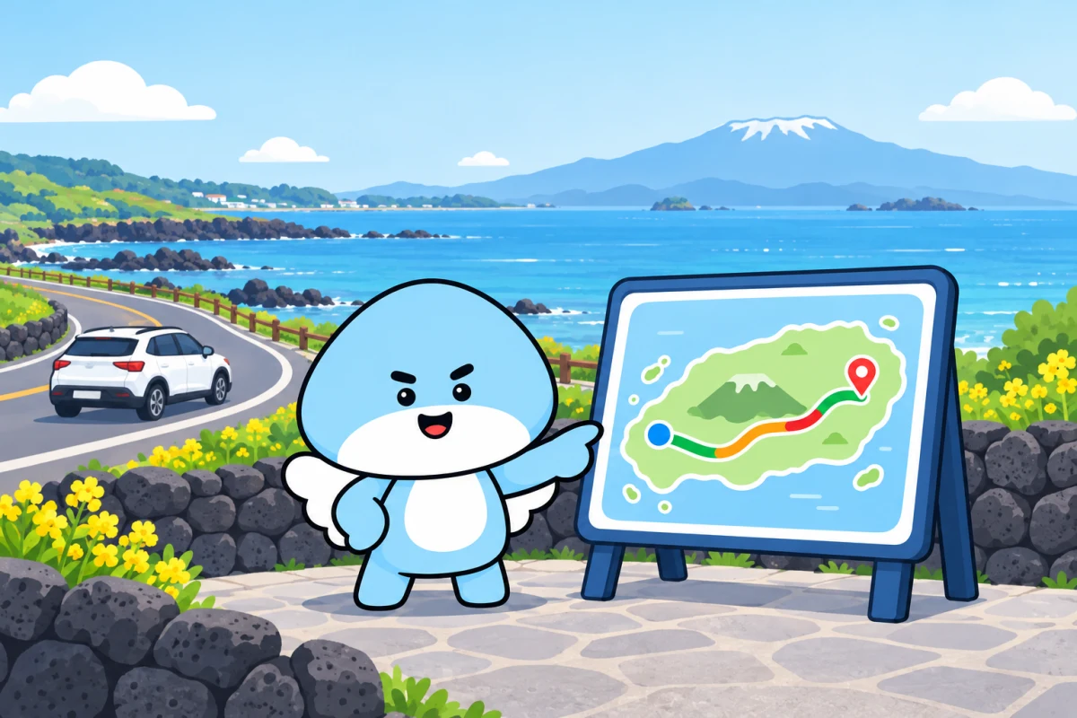 Jeju Angel Car mascot pointing to a traffic map and explaining a driving route