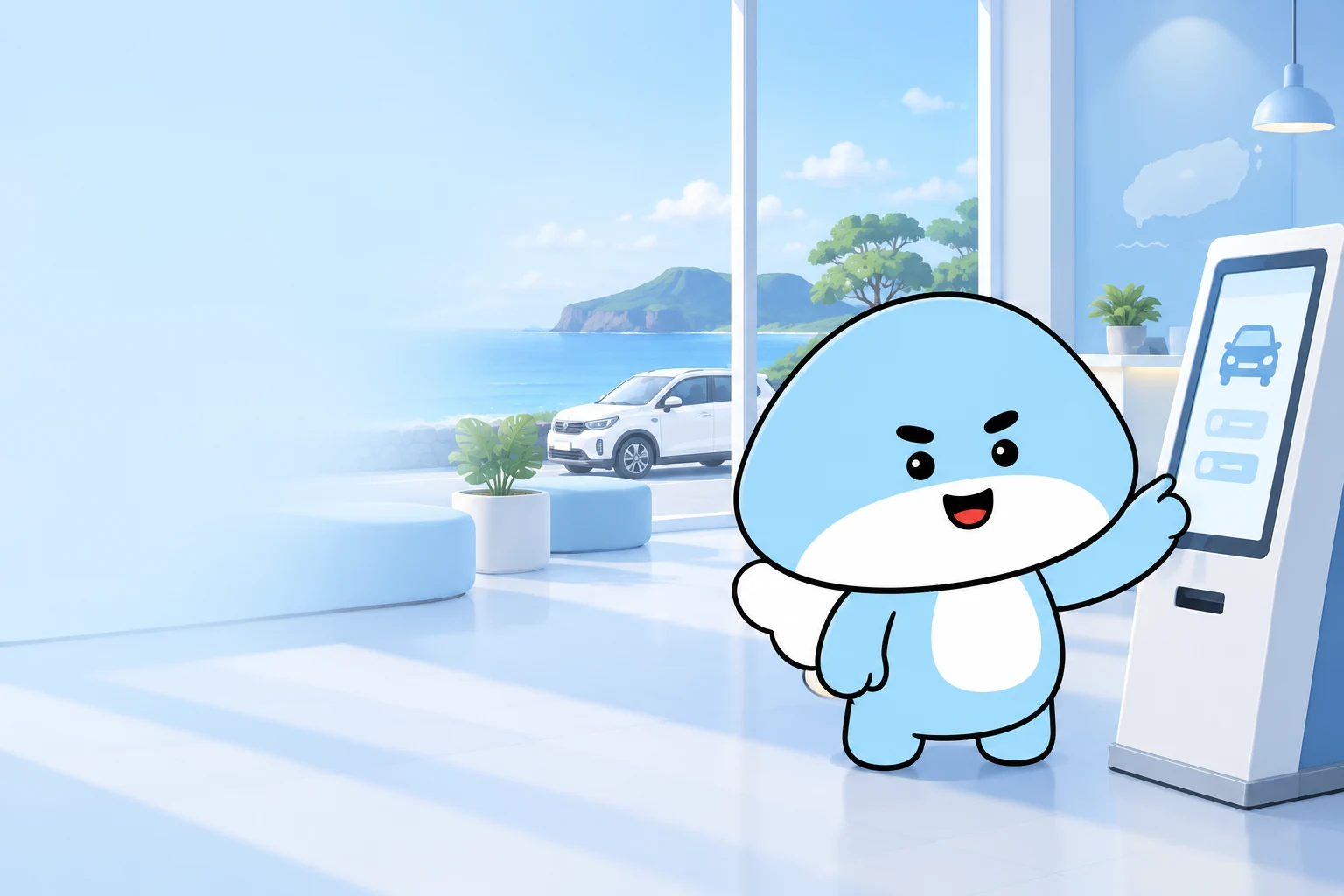 키오스크 이용을 안내하는 제주엔젤카 앙이 마스코트